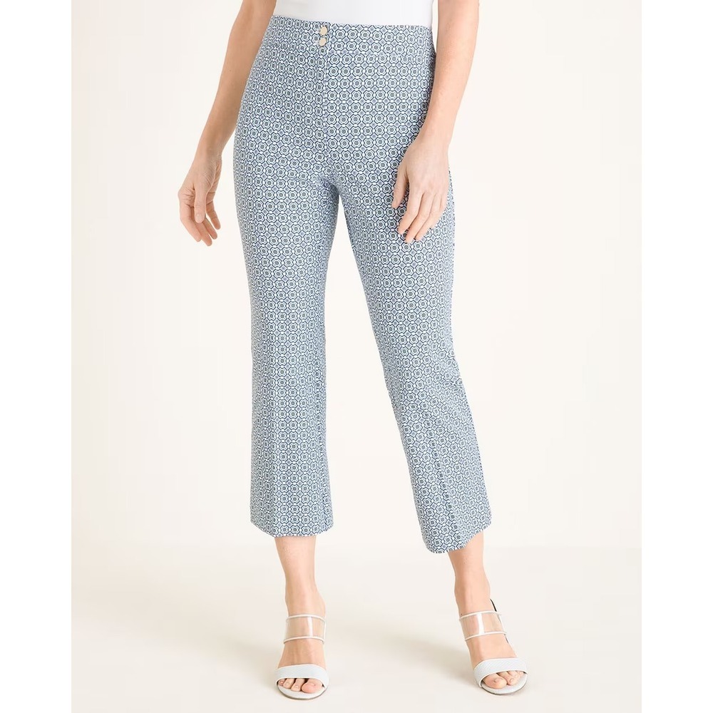 Chicos Women Secret Stretch Straight Leg Crop Pant 1 Size 8 Blue Geometric Print